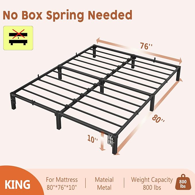 GarveeHome 10 Inch King Bed Frame, Heavy Duty Metal Platform Bed Frame with Iron Slat Support, No Box Spring Needed, Tool-Free Assembly, Supports 800 Lbs