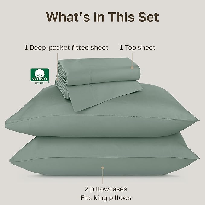 California Design Den King Size Sheet Set - Luxury Hotel 800 Thread Count Sateen, Natural 100% Cotton Bedsheets King Size Bed, Deep Pockets with Snug Fit, Durable Bedding Set - Sage Green