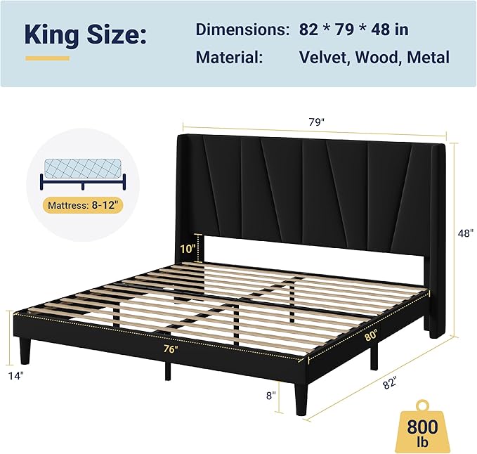 Allewie King Size Platform Velvet Bed Frame with Geometric Wingback Headboard, Boho Upholstered Bed with Wooden Slats Support, No Box Spring Needed, Easy Assembly, Black
