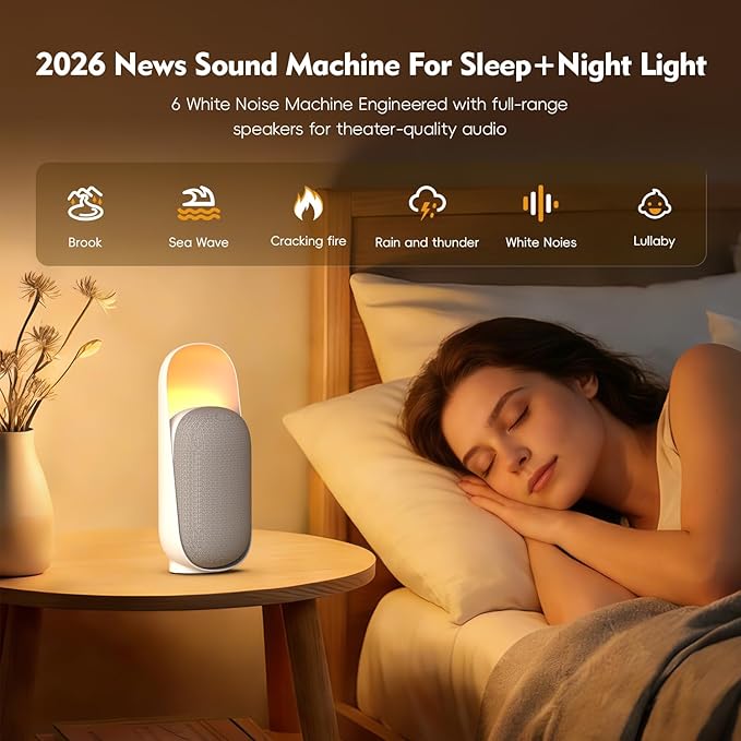 Sound Machine Night Light White Noise Machine with BT Speaker,6 Soothing Sounds,White Noise Sound Machine with Convenient Timer Options,for Baby Kids Adult Home Office Travel