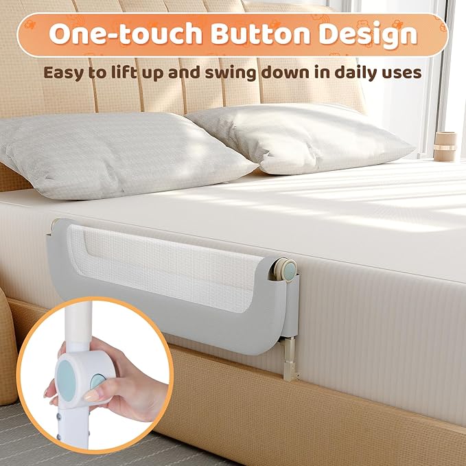 omzer Bed Guard Rail for Toddlers - 47inch Foldable & Adjustable Height Baby Bed Safety Side Rails - Large Toddler Crib Railing Guard for Twin, Bunk, Full Size, Queen & King, Full Size Bed Grey