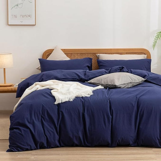 BESTOUCH Duvet Cover Set 100% Washed Cotton Linen Feel Super Soft Comfortable Chic Lightweight 3 PCs Home Bedding Set Solid Navy Blue Alaska King