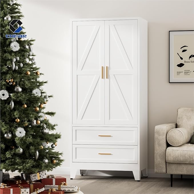 COFaR Armoire Wardrobe Closet with Drawers & Hanging Rod, 71'' Metal Wardrobe Closet with Doors & Adjustable Shelf, Farmhouse Wardrobe Cabinet for Bedroom Home Office, White