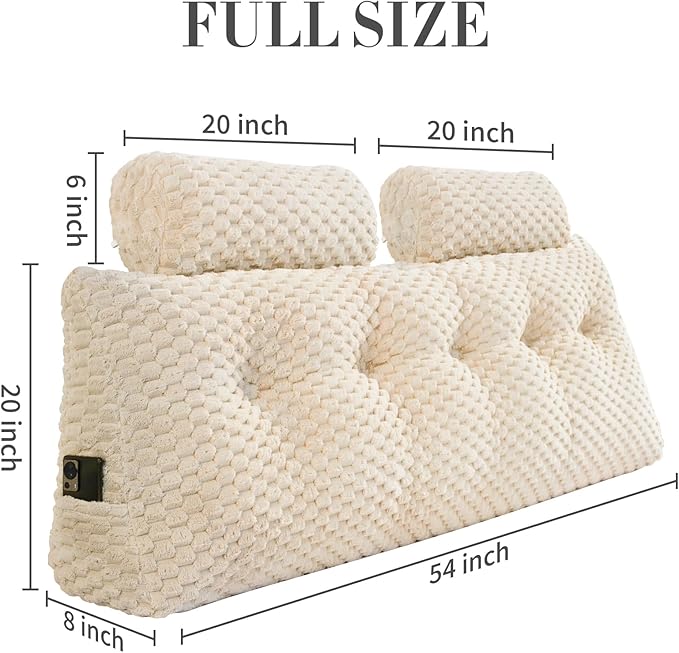 Wedge Headboard Pillow - Bed Wedge Pillow for Headboard Triangular Headboard Pillow with Neck Roll Pillow-Large Bolster Pillow for Sitting in Bed Backrest Positioning Support (Beige,54x8x20 Inches)
