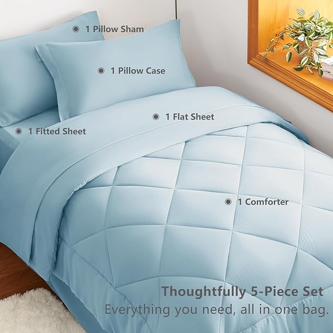 CozyLux Twin XL Comforter Set Light Blue - 5 Pieces Twin Extra Long Bed in a Bag for College Dorm, All Season Bedding Set for Girls and Boys, Soft Bed Set with Comforter, Sheets, Pillowcase & Sham