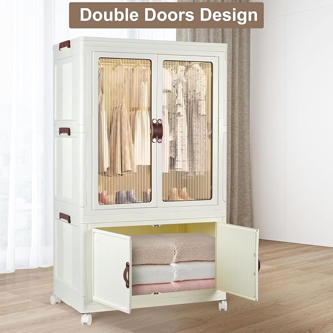FozsKeylf Stackable Closet Storage Bins, Collapsible Clothes Organizers, Portable Wardrobe Closet with Lids and Doors, Movable Clothes Storage with Coat Hangers, White