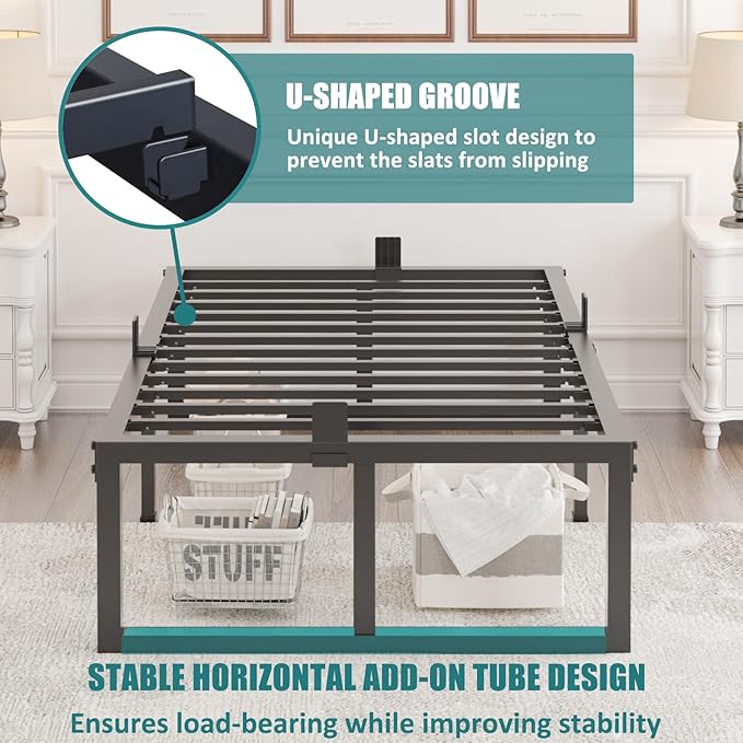 Yitong Angel Twin XL Size Bed Frame, 18 Inch Heavy Duty Support 3500 lbs Metal Platform, No Box Spring Needed/Noise Free/Non-Slip/Steel Slat Support/Easy Assembly