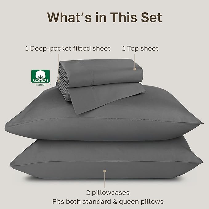 California Design Den Luxury 100% Cotton Sheets Queen Size - Buttery Soft 800 Thread Count Sateen, Deep Pocket Sheets, Durable Bedding Set - Grey