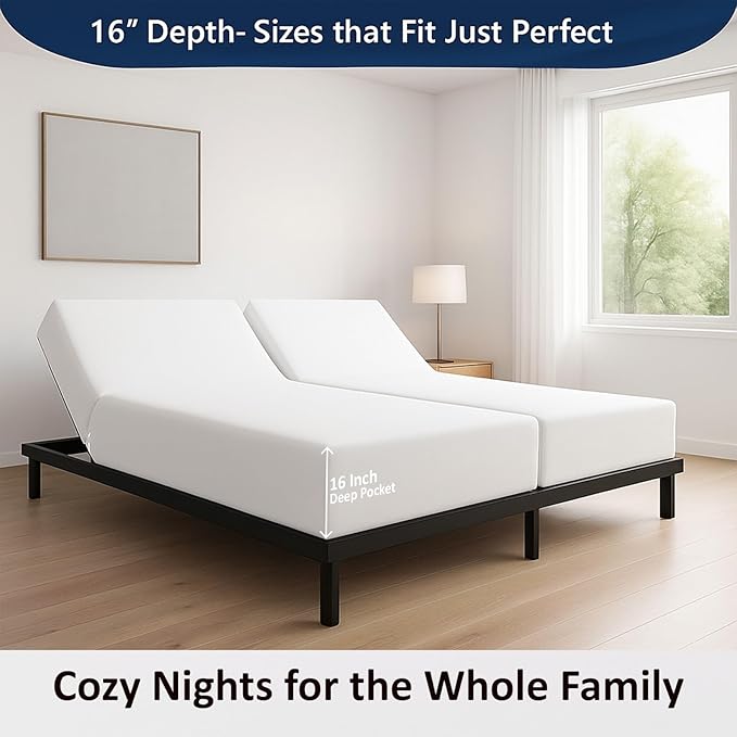 5 Piece Split Cal King Sheet Set, 100% Egyptian Cotton, 16 Inch Deep Pockets, White Solid, Soft Cooling Sheets for Adjustable Beds, Sleep Number Beds, Split Cal King Mattress Sheet Set
