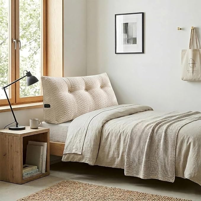 Headboard Pillow Twin Size, Reading Pillow for Bed, Wave Pattern Wedge Pillow, Tufted Backrest Support, Headboard Substitute, Beige