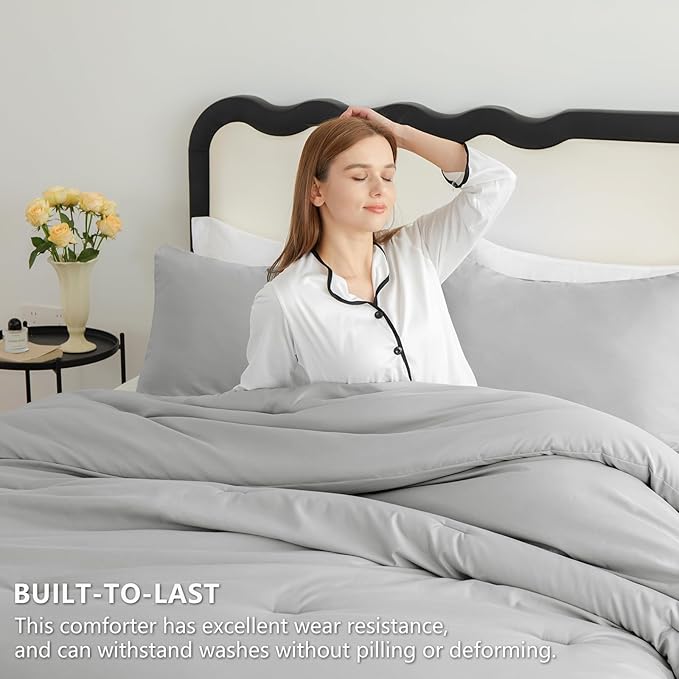 CozyLux Queen Comforter Set Light Grey, 3 Pieces Solid Comforters Queen Size Breathable Bedding Sets, Light Gray Luxury Soft Lightweight Bed Set with Down Alternative Comforter and 2 Pillowcases
