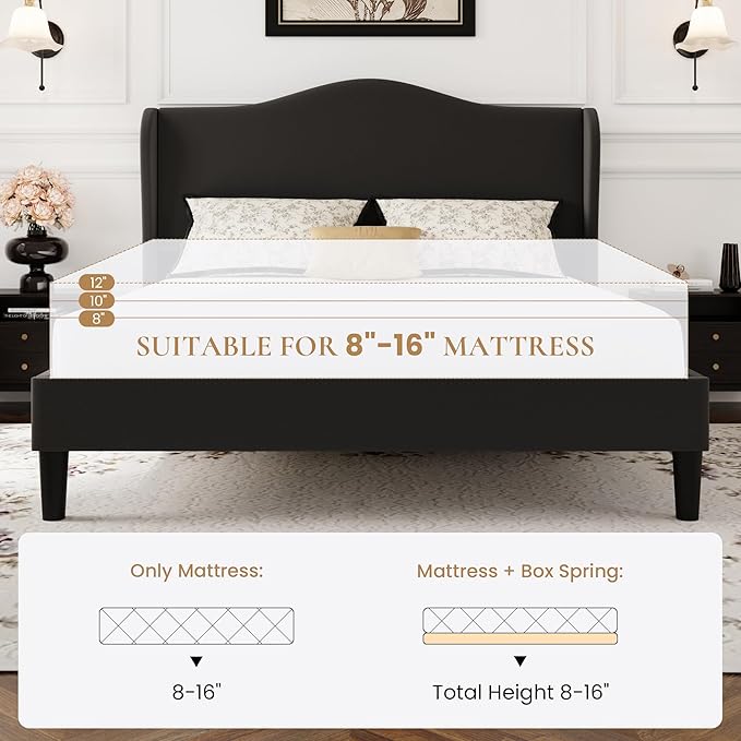 SHA CERLIN Full Size Velvet Platform Bed Frame with Elegant Wingback Headboard, Modern & Luxurious Design, Sturdy Wooden Slats, No Box Spring Required, Easy Assembly, Noise-Free, Soft Black