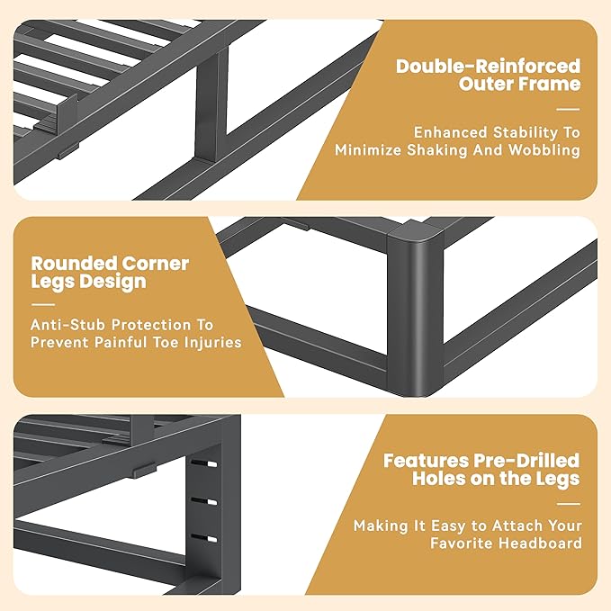 14 Inch King Size Bed Frame with Rounded Corner and Headboard Hole, Metal Platform Bed Frames 6 Non-Slip Guards, 3500lbs Heavy Duty Steel Slat Support, Squeak Free, No Box Spring Needed, Black