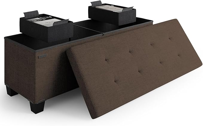 Storage Ottoman Bench with Bins, 43-in Storage Bench for Bedroom End of Bed, Folding Foot Rest Ottoman for Living Room Max 660lbs, Fabric Ottomans, Brown