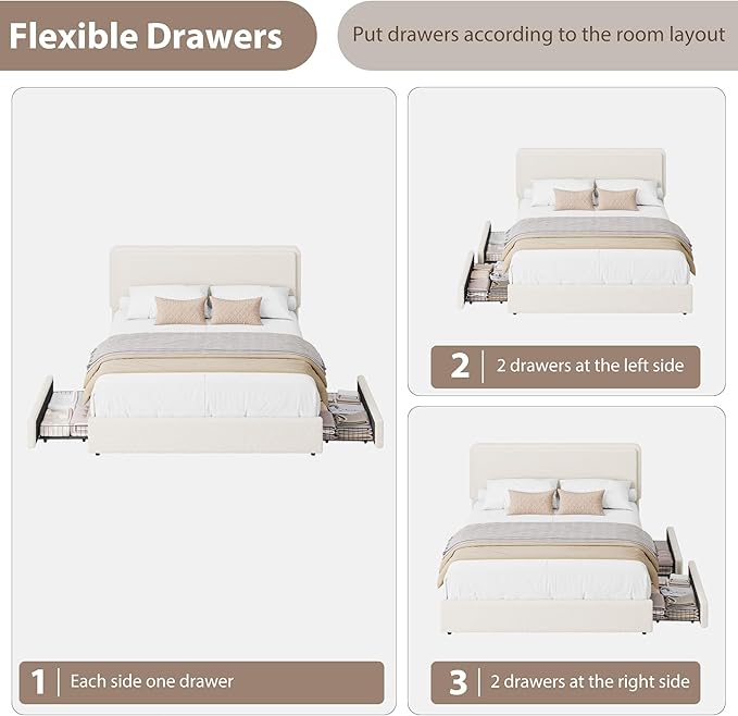 Garvee Full Size Teddy Fleece Bed Frame, Upholstered Platform Bed with 2 Storage Drawers, Height Adjustable Cloud Headboard, Thick Soft Teddy Fabric Bed, Modern Style, No Box Spring Required, Cream
