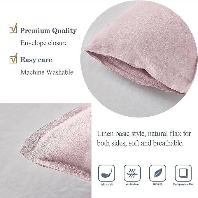 Simple&Opulence 100% Linen Lumbar Pillow Cover 12 x 20 Inches Set of 2 Rectangular Decorative Throw Cushion Cover for Couch Sofa Bed Living Room Office Soft Breathable Farmhouse - Blush Pink