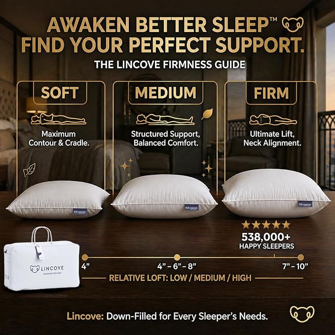 Lincove Cloud Natural Canadian Down Pillow, White Luxury Sleeping Pillow - 625 Fill Power, 500 Thread Count Cotton Shell, Made in Canada, Queen - Medium, 2 Pack