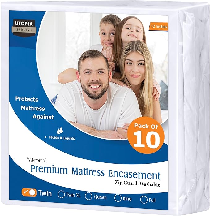 Utopia Bedding Premium Waterproof Bed Bug Mattress Cover, Twin Zippered Mattress Protector, 12 Inches Deep, Dust Mite Proof 6-Sided Mattress Encasement for Bed (Pack of 10)