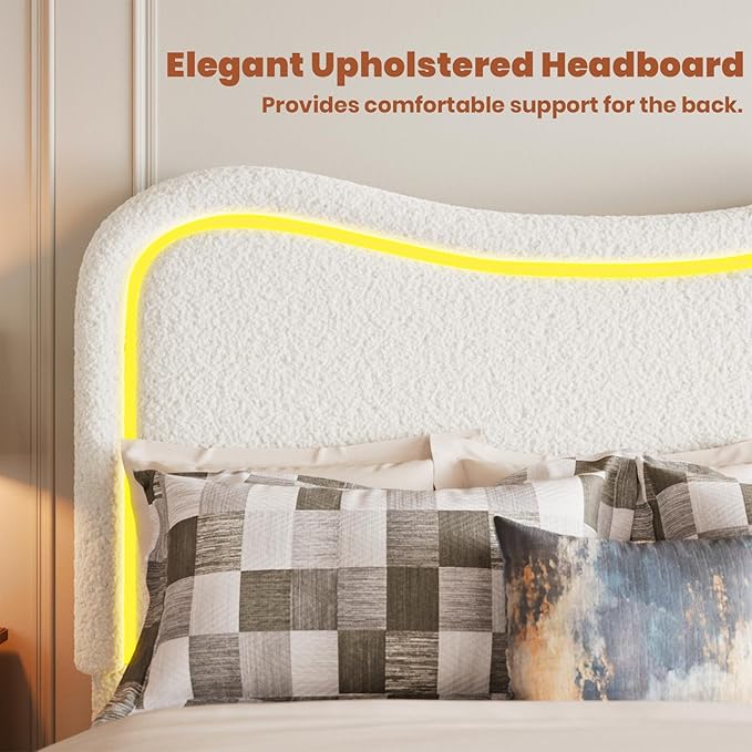 GarveeHome LED Queen Bed Frame with 2 Drawers and Headboard, Cute Upholstered Bed with Storage, Sturdy Platform Bed, No Box Spring Needed, Wooden Slats, Noise Free, White