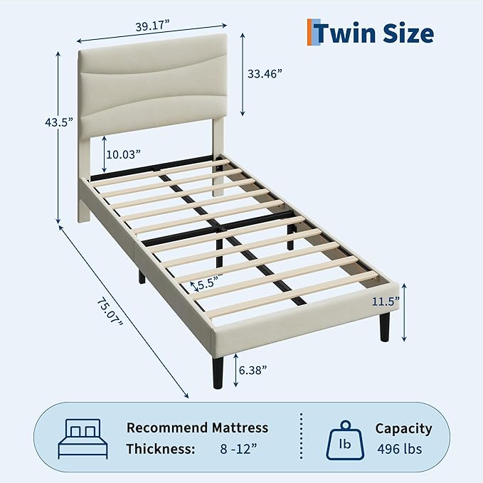 IDEALHOUSE Twin Size Upholstered Platform Bed Frame with Ergonomic Headboard, Beige Soft Fabric, Heavy Duty Wooden Slats, Noise-Free, 6.3" Underbed Storage, No Box Spring Needed, Easy Assembly