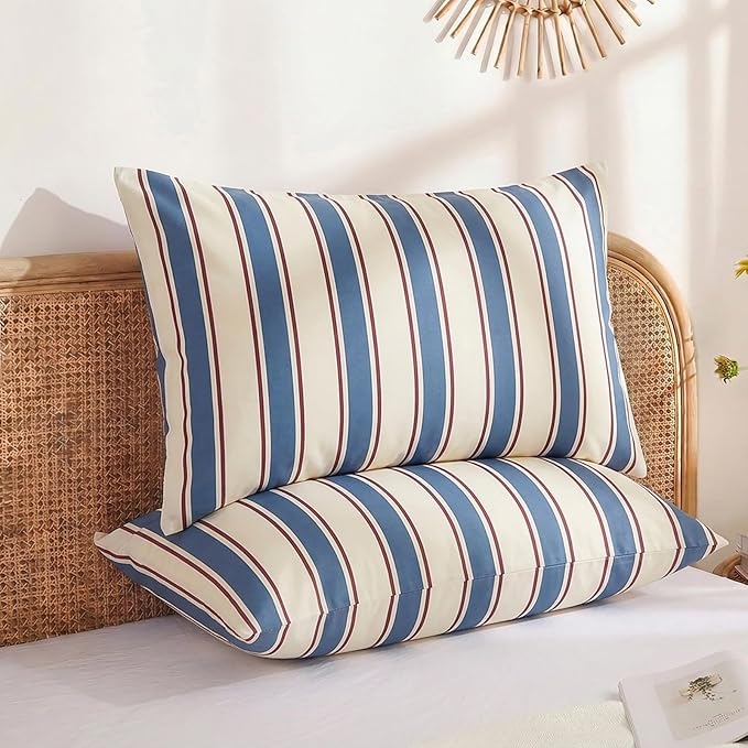 Merryword White and Blue Striped Pillowcases, 100% Cotton Pillow Cases, Queen Size Pillowcases, Luxury Linen Like Pillowcase, Soft Breathable Stripe Pillow Covers, Set of 2