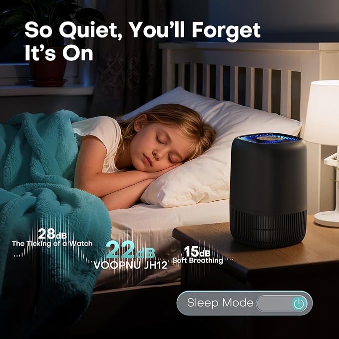 Air Purifiers for Bedroom with High Efficiency Filter Up to 1076 Ft² for Pet Hair, Odors, Pollen, Smoke, Compact Air Cleaner with 3 Speeds, Timer, Aroma Quiet 360°Intake Filter, Black