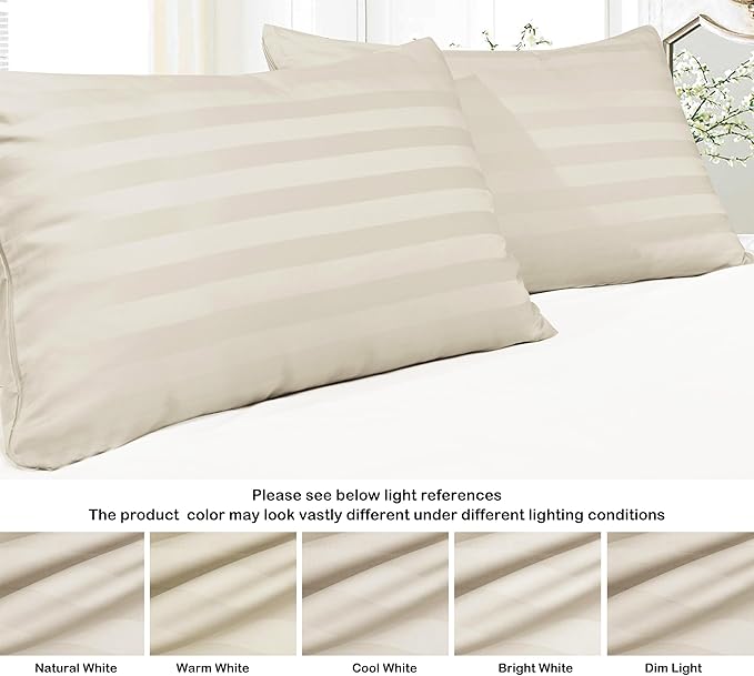100% Egyptian Cotton Pillow Protectors Set of 4, 600 Thread Count King Size Bed Pillow Cases with Zipper, Sateen Weave Cooling Pillow Cases Quiet and Breathable Easy Care (4PCS, Stripe-Beige)