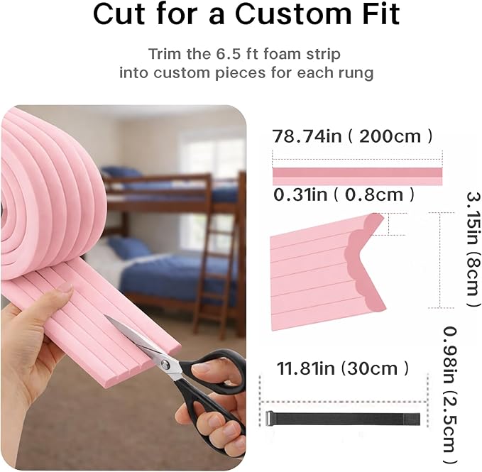 Bunk Bed Ladder Pads 6.5 Ft with 10 Adjustable Straps, Soft Foam Ladder Cover for Loft Bed, Cushioned Step Pads for Comfortable Climbing, Secure Fit, Pink