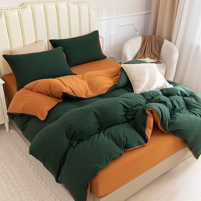 PURE ERA Jersey Knit Duvet Cover Set 100% T-Shirt Cotton Super Soft Comfy 3pc Bedding Set with Zipper Closure (Solid Forest Green/Burnt Orange, King)