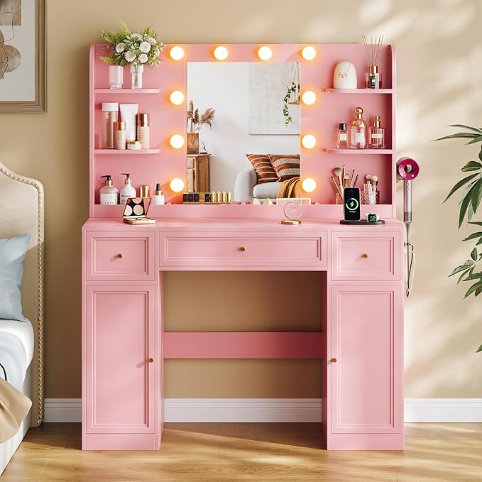Large Vanity Desk with Mirror and Lights, Makeup Vanity with Power Outlets, 3 Drawers and 2 Large Cabinets, 3 Lighting Modes Adjustable Brightness, Dressing Table for Women Girls, Pink