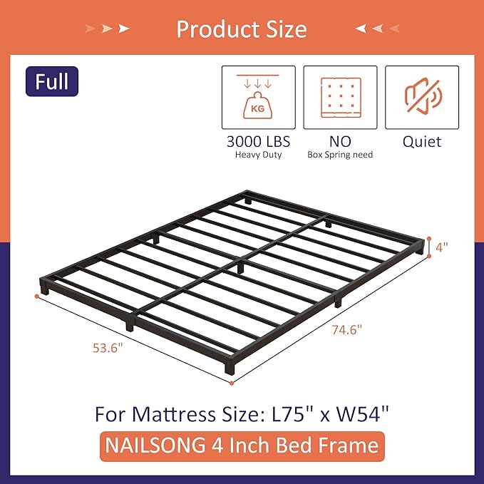 Nailsong 4 Inch Bed Frame Full Low Profile, Full Size Metal Bed Frame No Box Spring Needed, Heavy Duty Metal, Easy Assembly, Black