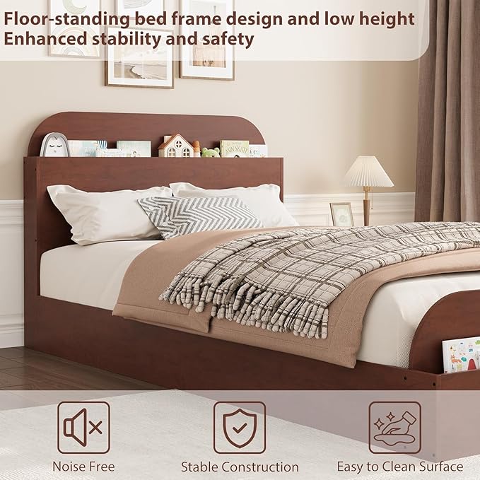 Garvee Twin XL Size Bed Frame with Storage Headboard and Raised Footboard – Wooden Twin-Floor Low Platform Bed for Kids, Heavy Duty & Noise Free, No Box Spring Needed, Espresso