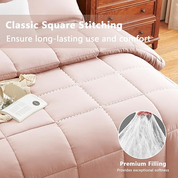 CozyLux King Comforter Set - 270GSM Blush Pink Bedding Sets for All Seasons Size, 3 Pieces Box Stitched Bed Set with 1 Down Alternative Comforter and 2 Pillow Shams, Soft, Lightweight, Durable