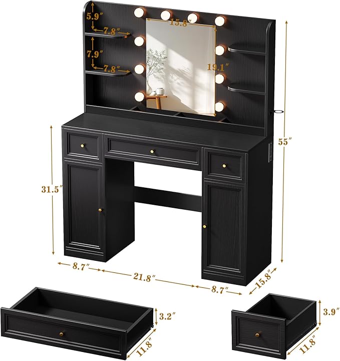 Memobarco Large Vanity Desk with Mirror and Lights, Makeup Vanity with Power Outlets, 3 Drawers and 2 Large Cabinets, 3 Lighting Modes Adjustable Brightness, Dressing Table for Women Girls, Black