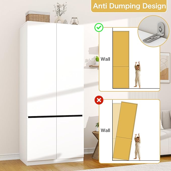White Armoire Wardrobe Closet: 74" Wooden Wardrobe Closet with 2 Doors, Bedroom Armoires with Hanging Rod, Tall Closets Cabinet for Hanging Clothes (31.5")