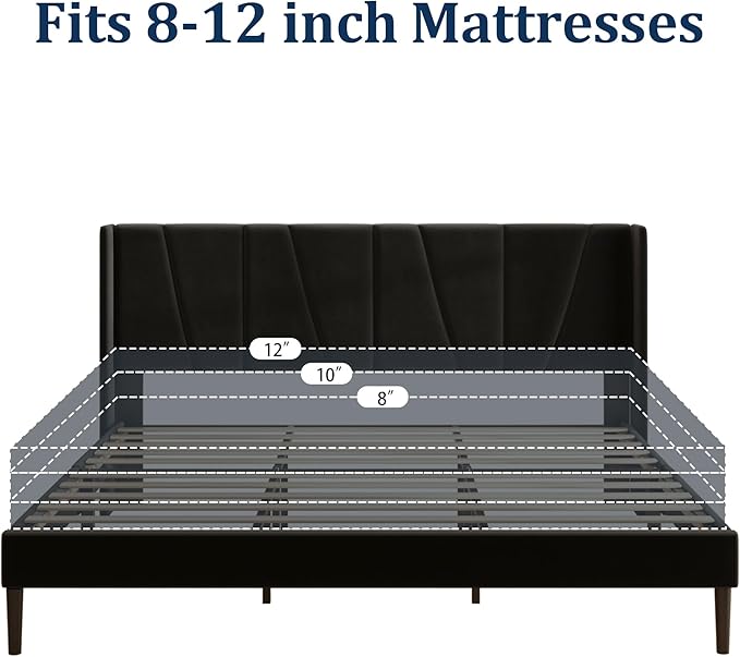 Sismplly King Bed Frame with Headboard, Velvet Upholstered King Size Platform Bed with Wingback, Mattress Foundation with Wooden Slat Support, No Box Spring Needed, Easy Assembly, Noise Free, Black