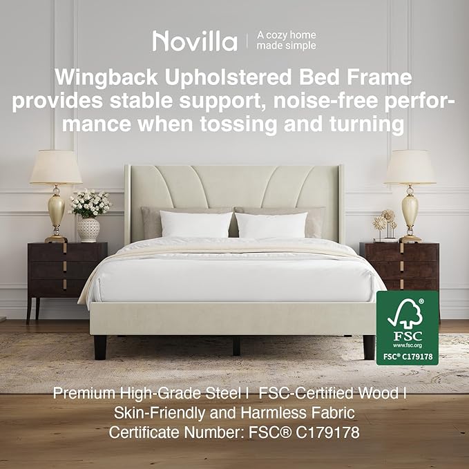 Novilla Full Size Bed Frame, Full Bed Frame with Headboard, Velvet Upholstered Wing Side Headboard, No Box Spring Needed, Heavy Duty Feet, Easy Assembly, White Velvet