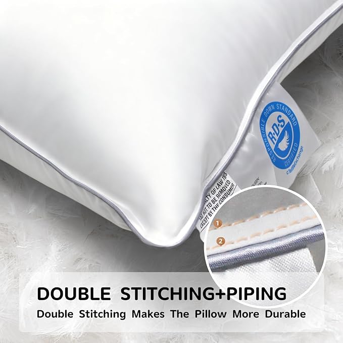 Canadian Goose Down Pillows Standard Size Set of 2,80% Goose Down and 20% Goose Feathers Goose Feathers,1440+ Fill Power White Down Pillow with 800 Thread Count Cotton Shell (White 20"x26" 2 Pack)