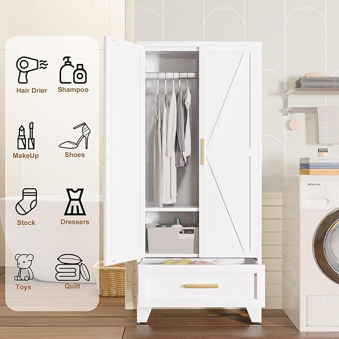 Baborokic Metal Wardrobe Cabinet,71 Armoire Wardrobe Closet with Drawers and Hanging Rod,Metal Armoire with Adjustable Shelves for Closet,Bedroom,Farmhouse Storage Cabinet with Drawer(White)