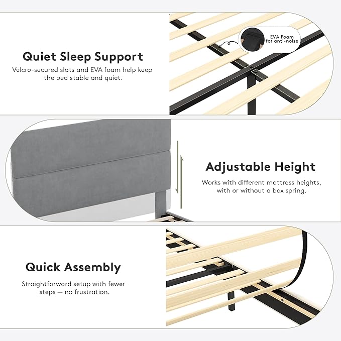 GRUSIGN Full Size Platform Bed Frame with Velvet Headboard, Adjustable Height Wooden Slats Support, Upholstered Mattress Foundation, Fits Mattress or Mattress with Box Spring, Easy Assembly, Grey