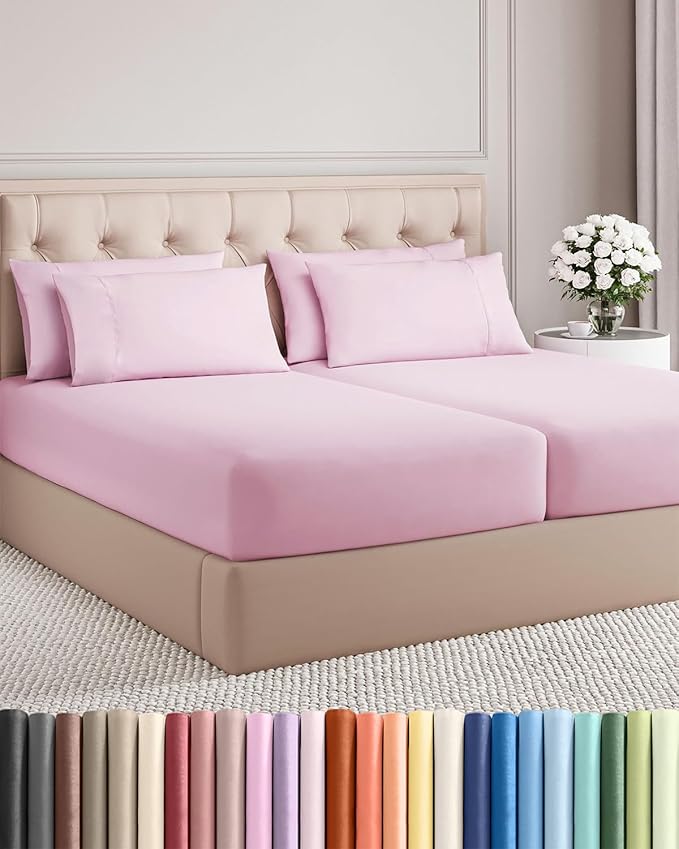 Split King 7 Piece Sheet Set - Comfy, Breathable & Cooling - Soft Hotel Luxury Bedding for Women, Men, Kids, Teens & Children - 1 Flat & 2 Fitted Sheets & 4 Pillowcases w/ Deep Pockets - Light Pink