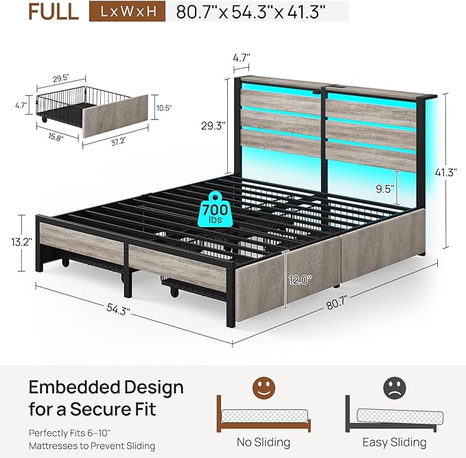 Rolanstar Full Size Bed Frame with 4 Drawers, LED Lights and Charging Station, Metal Platform Bed with Storage Headboard, Noise Free, Easy Assembly, No Box Spring Needed, Light Grey