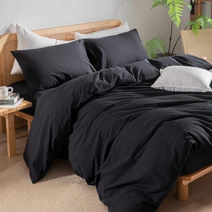 BESTOUCH Duvet Cover Set 100% Washed Cotton Linen Feel Super Soft Comfortable Chic Lightweight 3 PCs Home Bedding Set Solid Deep Black Alaska King