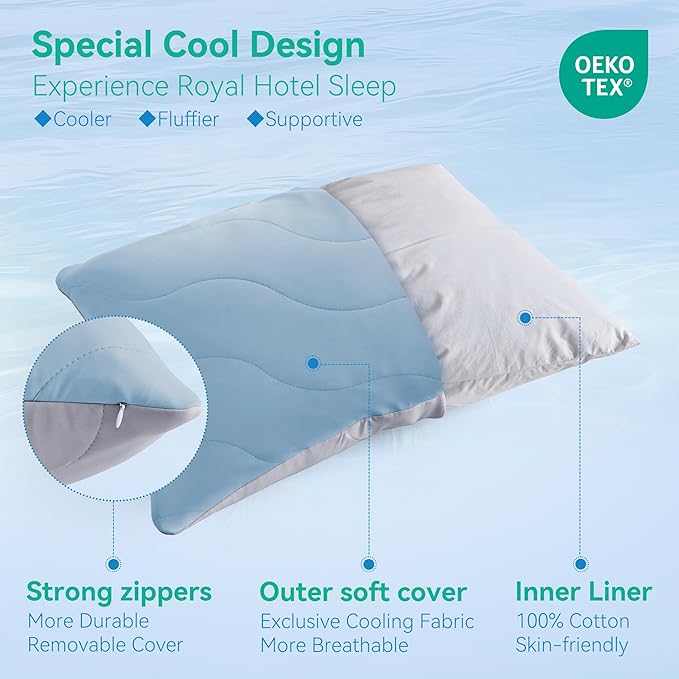 Three Geese Cooling Goose Feather Down Pillows Queen Size Set of 2, Q-Max>0.45, Cool Hotel Bed Pillows for Hot Sleepers, Washable Removable Cover, 20" x 30"