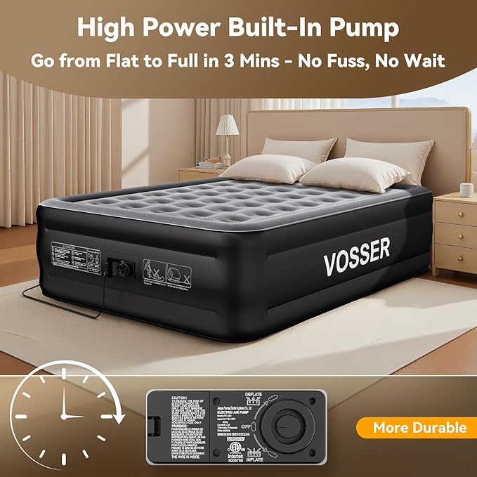 VOSSER Air Mattress Queen with Built in Pump,Updated Blow Up Mattress in 3 Mins,18'' Raised Self Inflatable Mattress,Portable Airbed for Home,Floor&Camping,Queen Size Air Matress for Adults,660LB Max