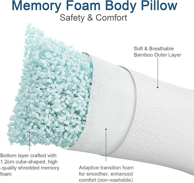 Rainmr Extra Long Body Pillow Memory Foam 180x50cm – Firm King Size Body Pillows for Adults – with Cooling Cover 21 x 72 inches
