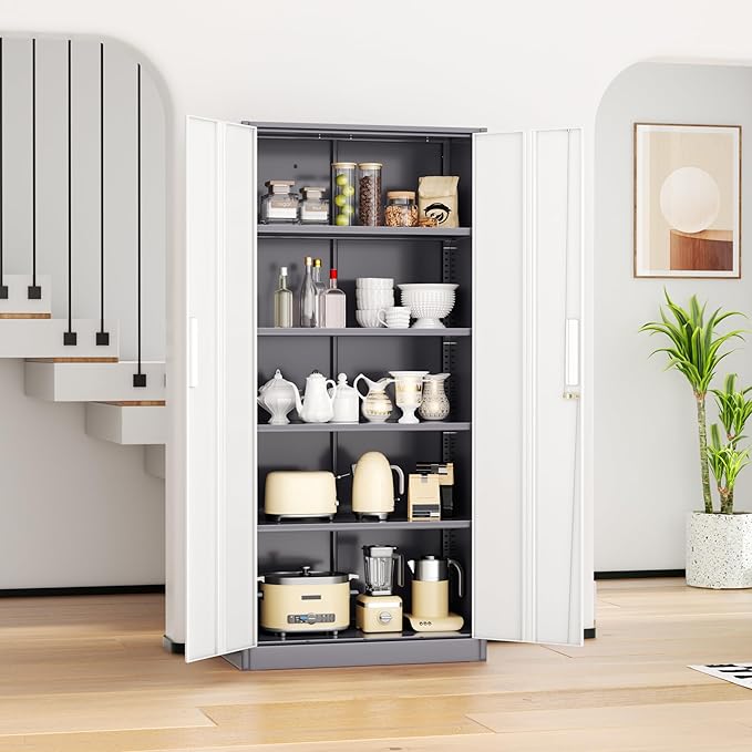 INTERGREAT Storage Cabinets with Doors and Shelves, 72“ Steel Tool Locking Cabinet, Metal Storage Cabinet for Home Office, Warehouse, School, Grey White