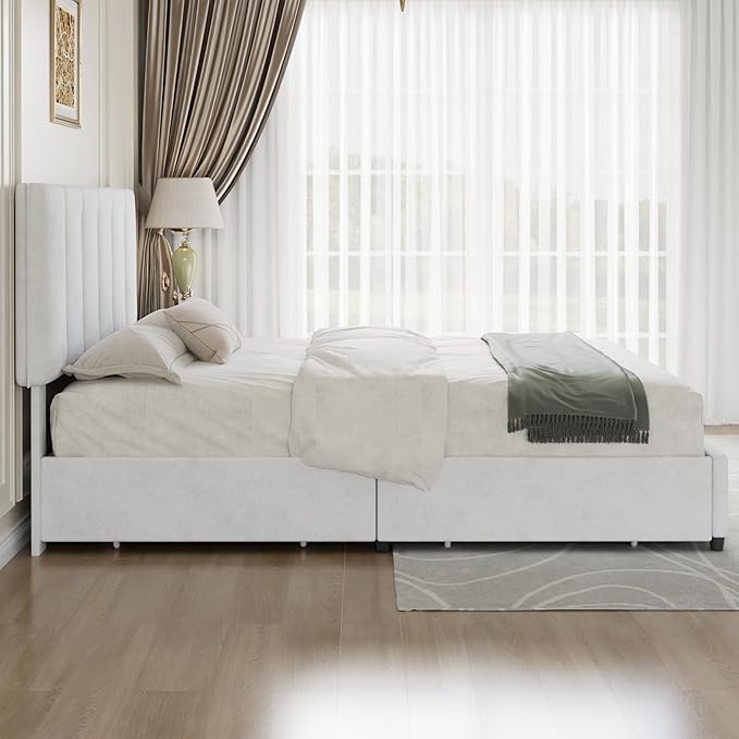 VECELO Full Size Bed Frame with 4 Storage Drawers, Adjustable Height Headboard, Heavy-Duty Platform Bedframe with Strong Wooden Slats, No Box Spring Needed, Pure White