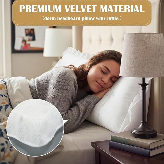 Leinuosen 39 in Ruffle Wedge Headboard Pillow for Dorm Twin XL College Bed Reading Bolster Dorm Velvet Triangular Bed Backrest Wedge Pillow Cushion for College Reading Support(White)
