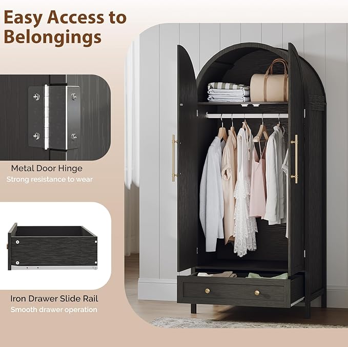 VINGLI Arched Wardrobe Closet Armoire with Doors and Drawer, 70" Tall Wooden Wardrobe Cabinet,Clothing Storage Cabinet, Large Capacity Storage, Black